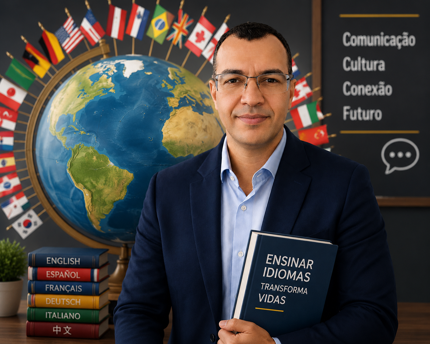Prof. Santos, da Escola Educa Santos, com livro Ensinar Idiomas Transforma Vidas